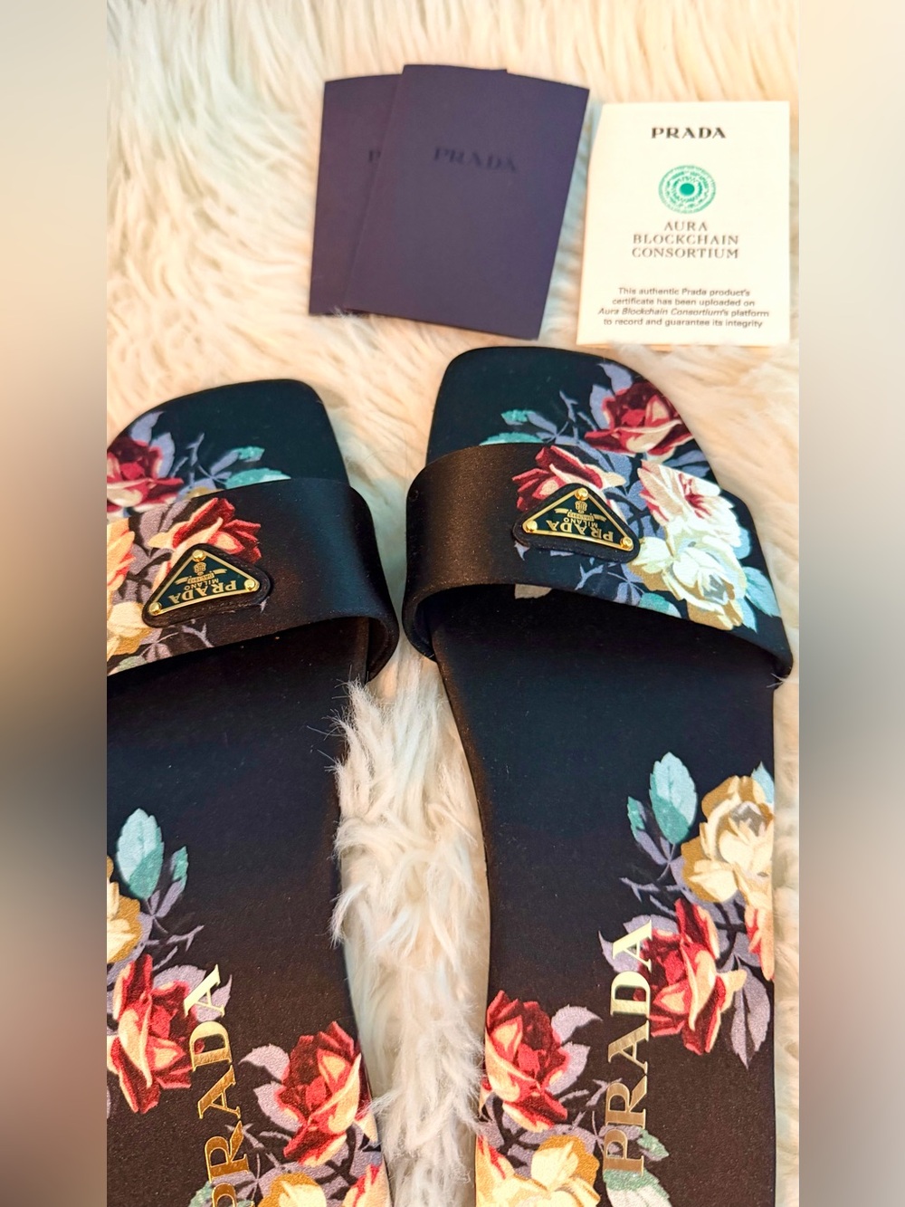 Prada Black Floral Logo Slide Sandals